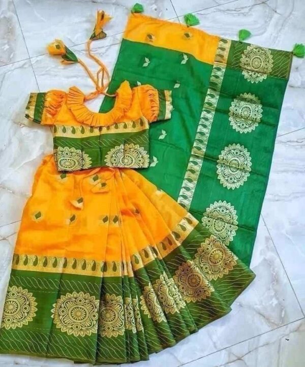 বাচ্চাদের হলুদ কাতান রেডি শাড়ি - Image 3