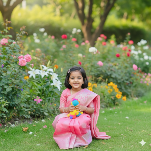 বাচ্চাদের পিঙ্ক সফট কাতান রেডি শাড়ি - Image 2