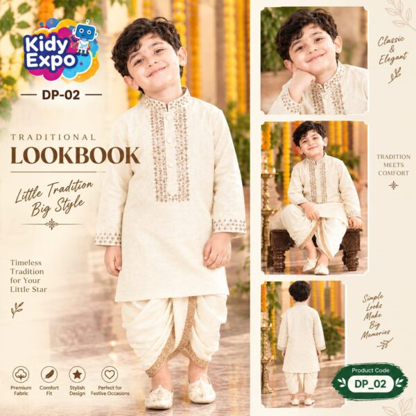 শারদীয় রাজকুমার ধুতি-পাঞ্জাবি সেট - Cream Color - Image 3