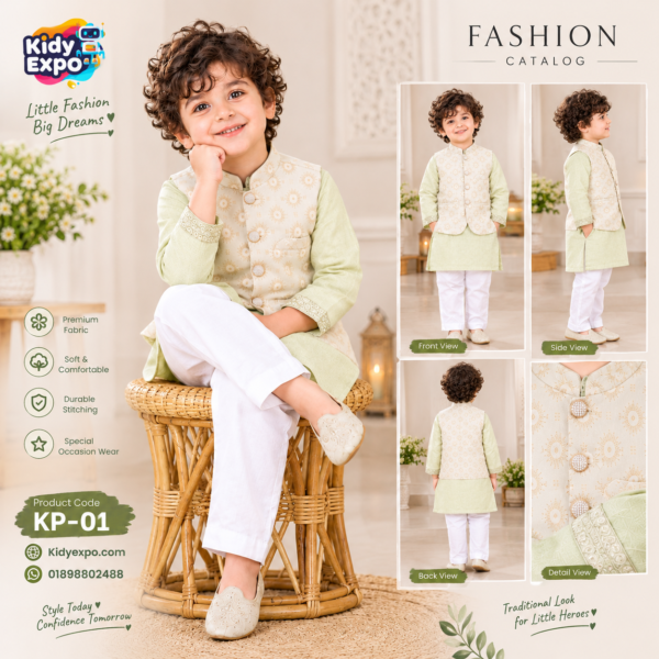 প্রিমিয়াম কুটি -পাঞ্জাবি সেট - Lite Olive Color - Image 3
